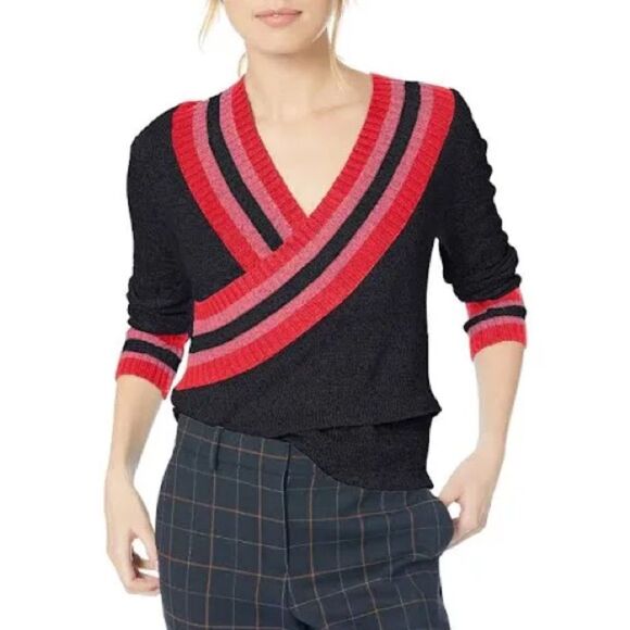 C/MEO Collective Faux Wrap Pink Red Navy Knit V Neck Sweater Size XS - Picture 2 of 8